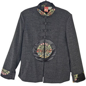 Jacket Vintage Y2K April Cornell gray pinstriped Oriental accents Size Large